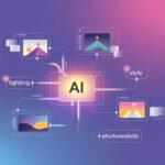 A graphic depicting AI Prompt Engineering for Image Generation at the center, connected to various monitoring screens labeled 'lighting,' 'style,' and 'photorealistic.'