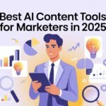 Image showcasing top AI content tools for marketers in 2020, featuring logos and brief descriptions of each tool. AI content creation tools
