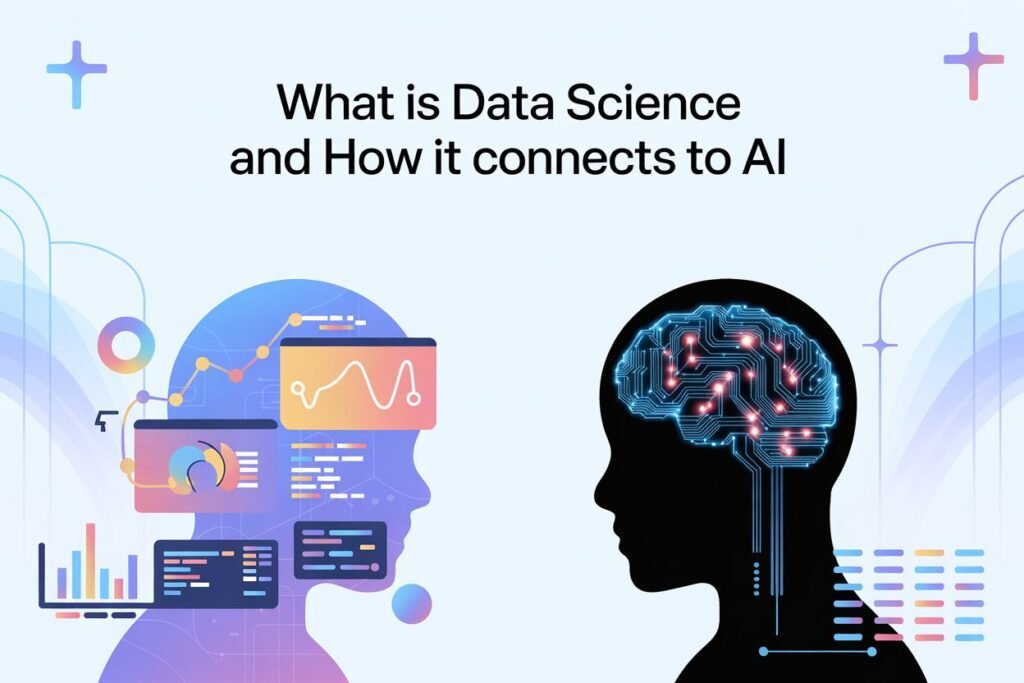Image illustrating the relationship between data science and AI, featuring graphs, algorithms, and interconnected concepts.