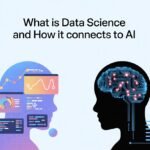 Image illustrating the relationship between data science and AI, featuring graphs, algorithms, and interconnected concepts.