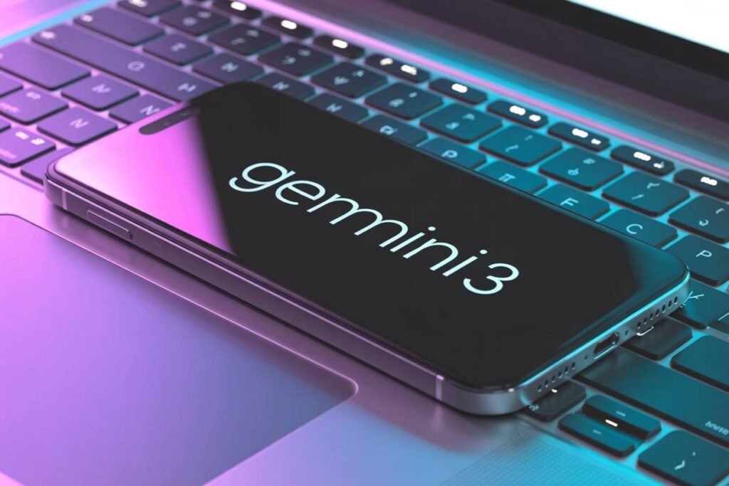 Google Gemini 3 in smartphone resting on a laptop keyboard, showcasing a modern tech setup