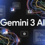 The text "Gemini 3 AI" is prominently displayed in the center of a dark background, with glowing blue light emanating from behind the letters. Around the text, colorful, intertwining lines resembling wires or neural pathways in shades of red, blue, green, and yellow are scattered.